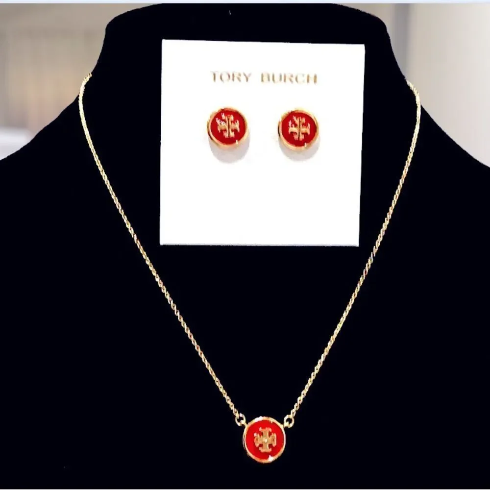 TORY BURCH KIRA ENAMELED PENDANT NECKLACE AND EARRINGS SET IN RED / GO…